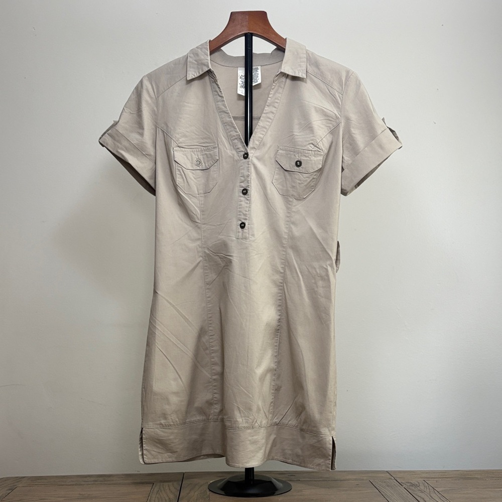Short sleeve, button up front, mini tan dress
